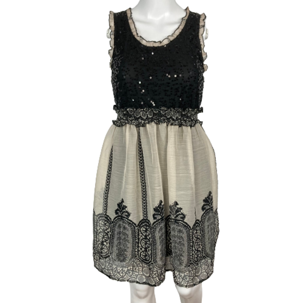 NWT American Rag Dress Womens Sz XS Black Beige Sequin‎ Ruffle Sleeveless Mini